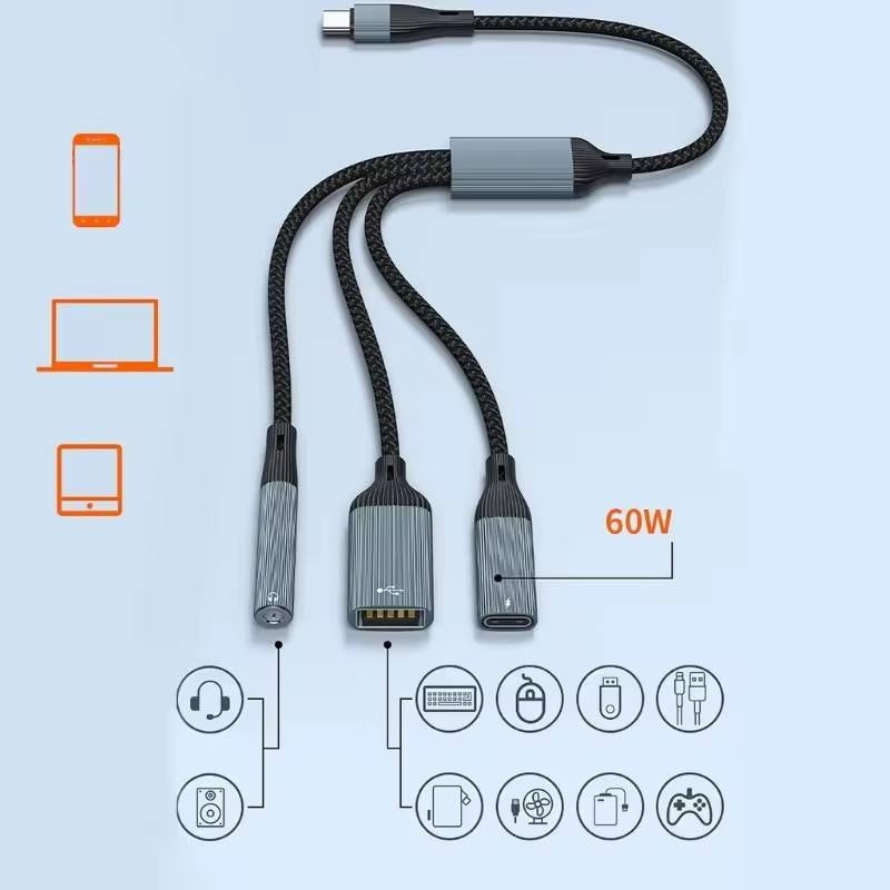 NÖRDIC USB-C Splitter 1 til 3, 1xUSB-A 1xUSB-C PD60W 1x3,5mm hodetelefonutgang OTG-kabel