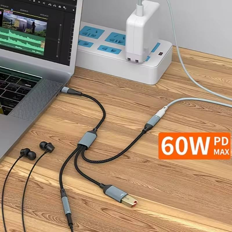 NÖRDIC USB-C Splitter 1 til 3, 1xUSB-A 1xUSB-C PD60W 1x3,5mm hodetelefonutgang OTG-kabel