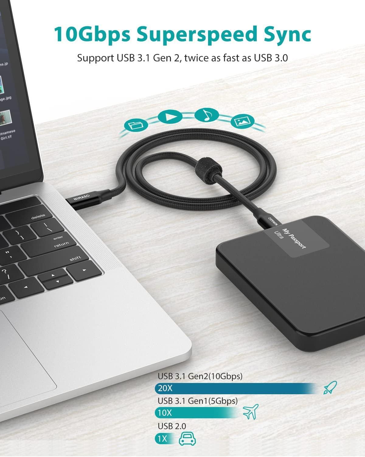 USB IF-sertifisert 1m USB3.2 Gen2 SuperSpeed USB 10Gbps USB-C til C-kabel med strømforsyning 100W, 4K60Hz video og Emarker