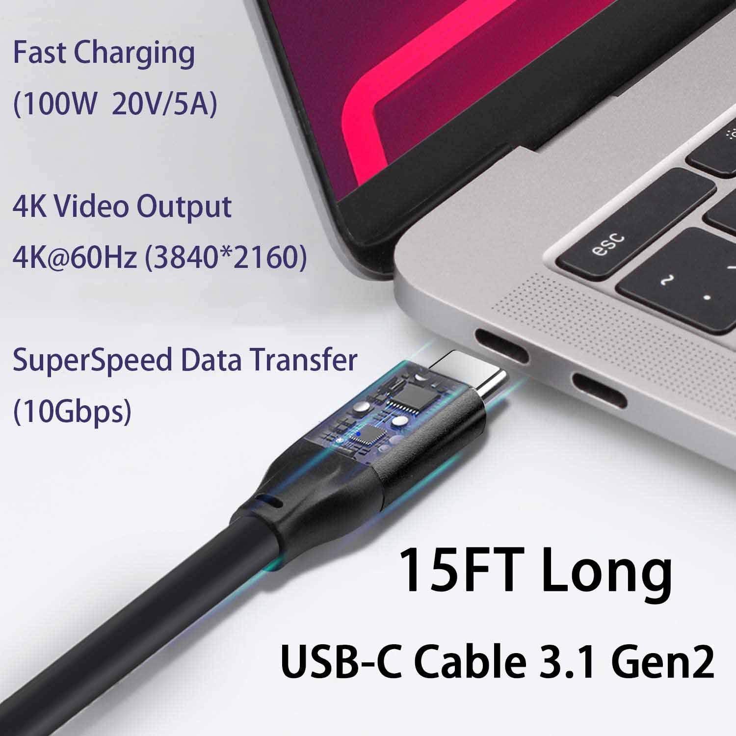 USB IF-sertifisert 1m USB3.2 Gen2 SuperSpeed USB 10Gbps USB-C til C-kabel med strømforsyning 100W, 4K60Hz video og Emarker