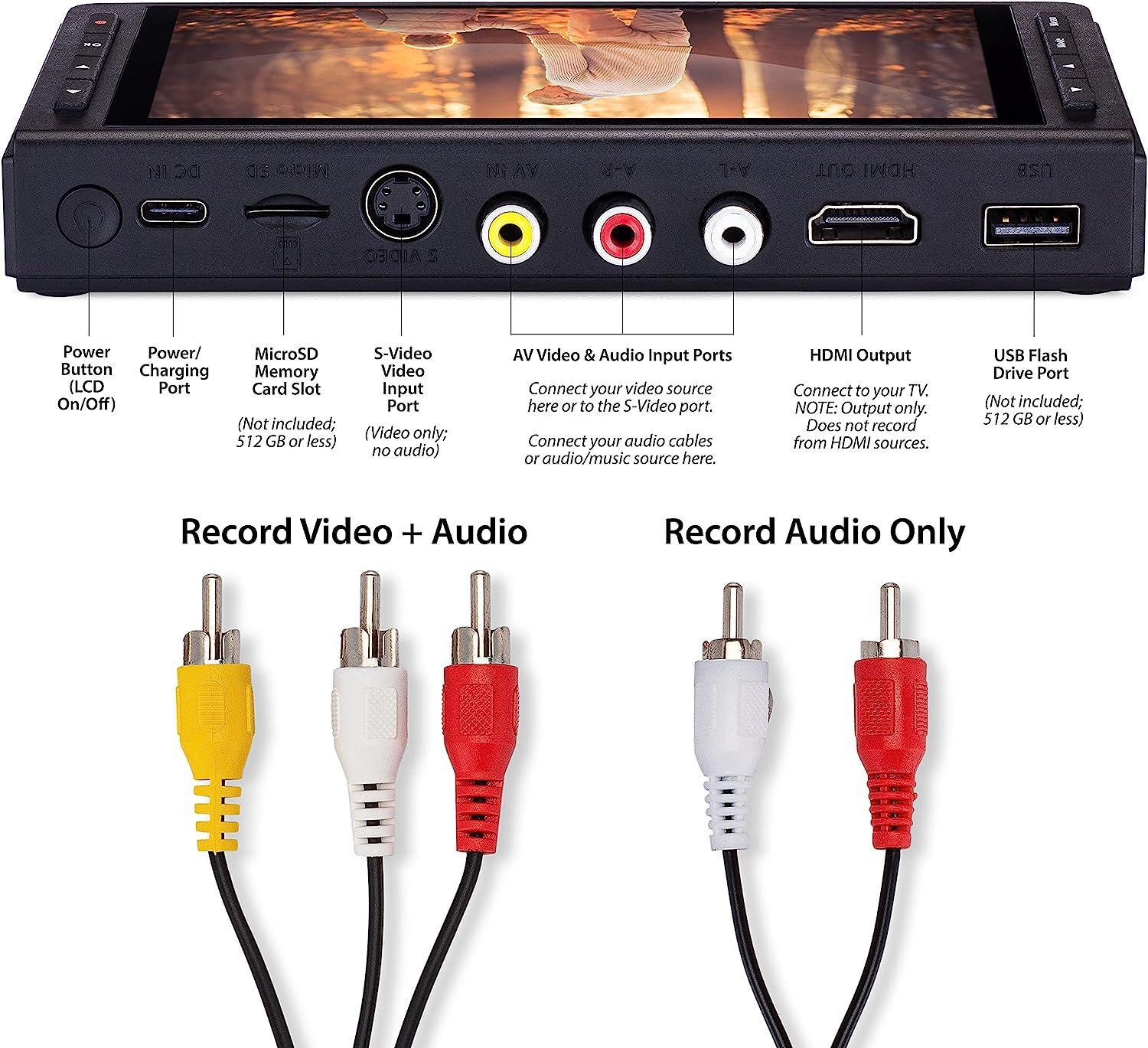 Video og lyd til digital konverter 5" skjerm videospiller, VHS, AV, RCA, Hi8, videokamera, DVD, spillsystemer, kassettbånd