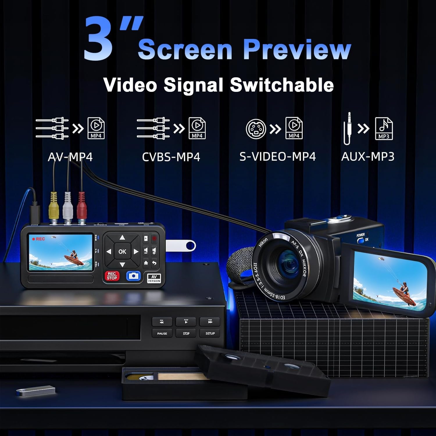 Video to Digital Recorder Standalone for Recording VHS Tapes, VCR, DVR, DVD, Hi8, DV Player, RCA, CVBS, TV Box, Camcorder, Gaming Consoles to USB SD Card