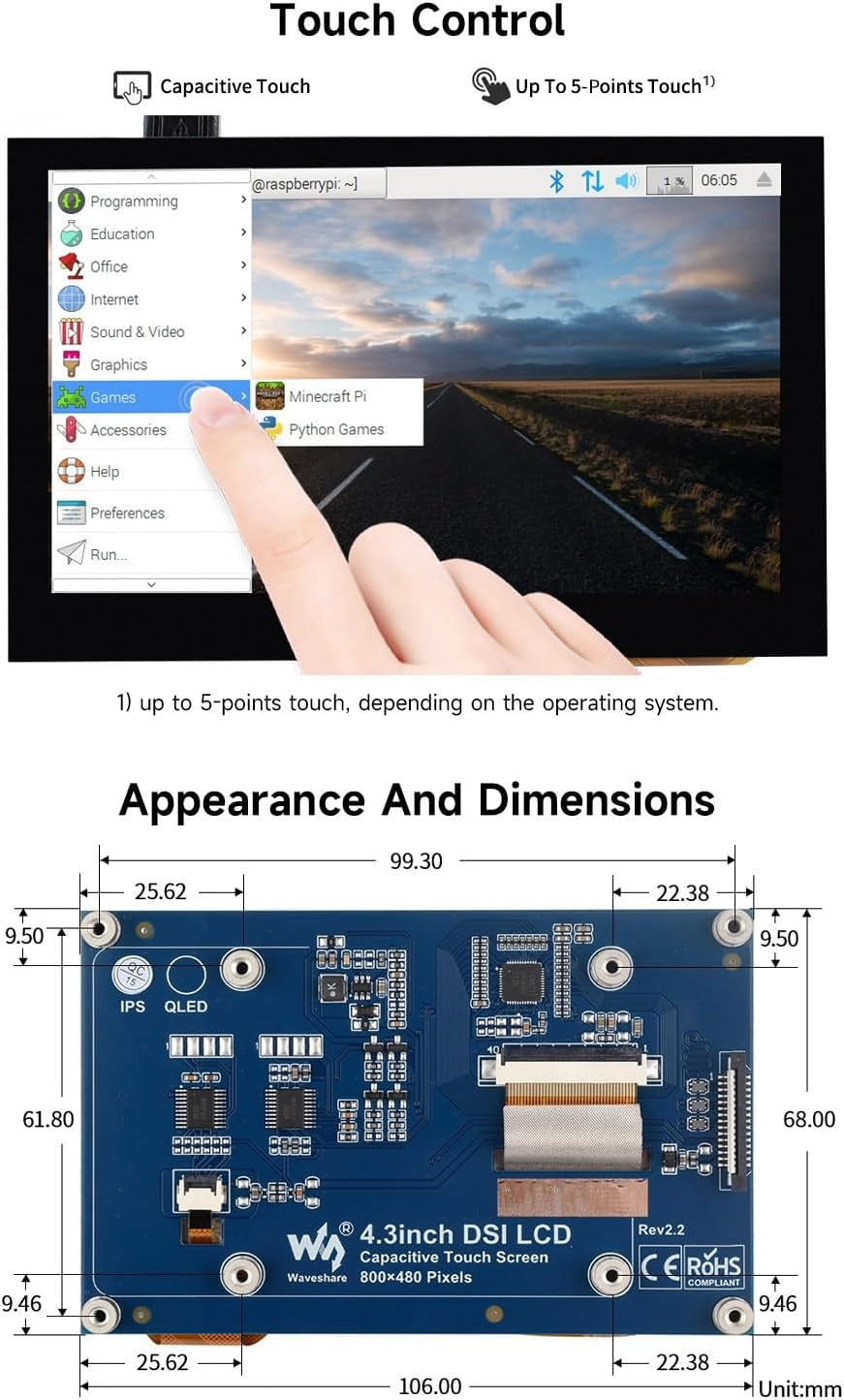 Waveshare 4.3 inch LCD Capacitive Touch Display for Raspberry Pi 5/4B/3B+/3A+/3B/2B/B+/A+ 800 × 480 IPS