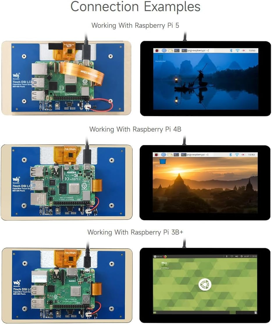 Waveshare 7-tommers berøringsskjerm for Raspberry Pi 5, 4B, Raspberry Pi 3B+/3B/3A+, CM3/3+/4 og VisionFive2 Core3566, 800 × 480 oppløsning med DSI-grensesnitt