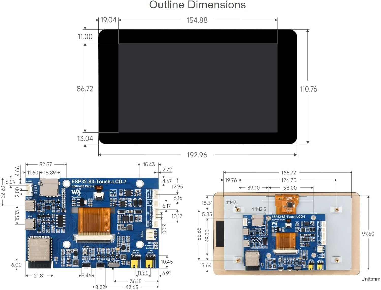 Waveshare 7 inch ESP32-S3 Capacitive Touch Display Development Board 800 x 480 65k RGB 7 Inch LCD Screen, 5-Point Touch, Supports WiFi and Bluetooth