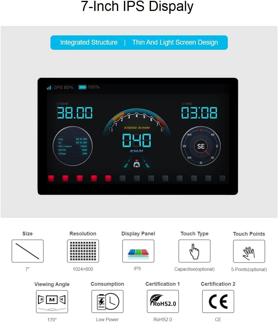 Waveshare 7-tommers HDMI-skjerm Berøringsskjerm LCD 1024 x 600 IPS Skjerm Støtter Alle Versjoner av Raspberry Pi Windows-skjerm