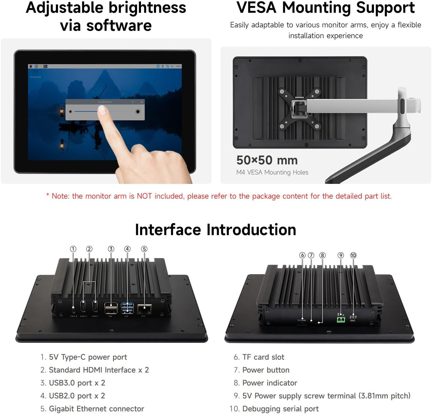 Waveshare Industrial HMI All-in-One 10.1 Inch Touch Display, Compatible with Raspberry Pi 4 (Included), Supports Dual 4K HDMI Output,