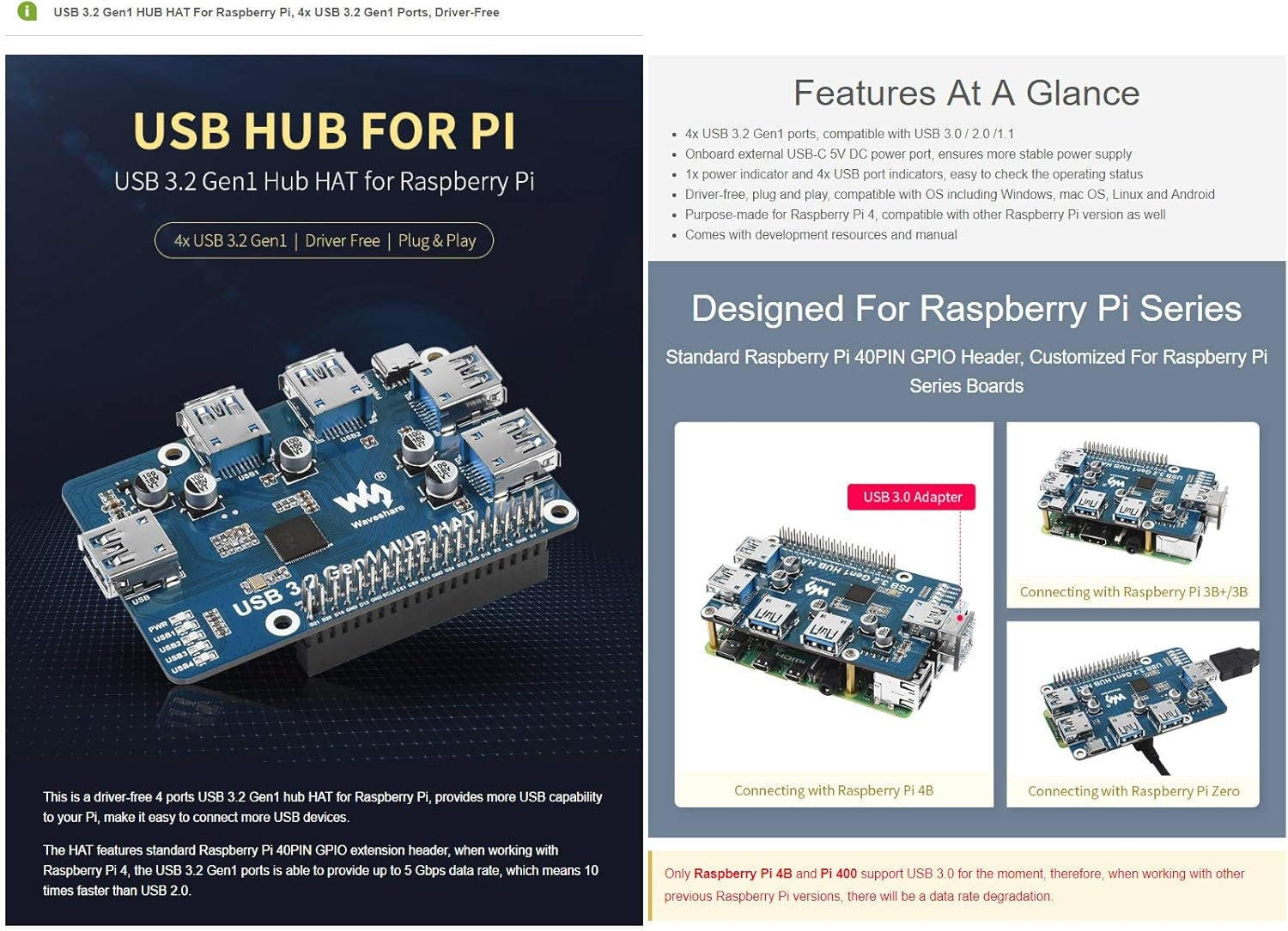 Waveshare USB 3.2 Gen1 HUB HAT for Raspberry Pi 4 med 4x USB 3.2 Gen1-porter opptil 5 Gbps