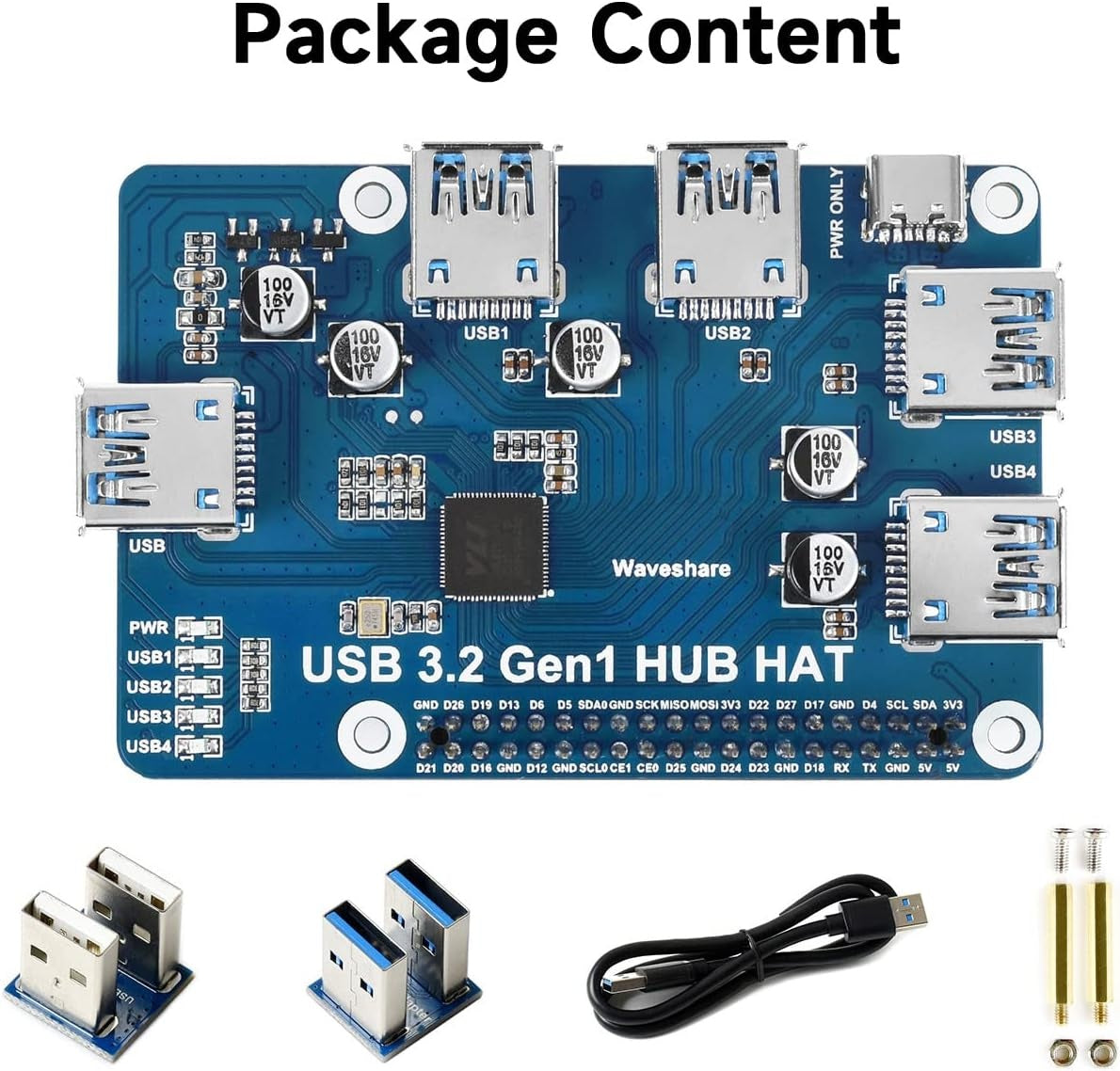 Waveshare USB 3.2 Gen1 HUB HAT for Raspberry Pi 4 med 4x USB 3.2 Gen1-porter opptil 5 Gbps