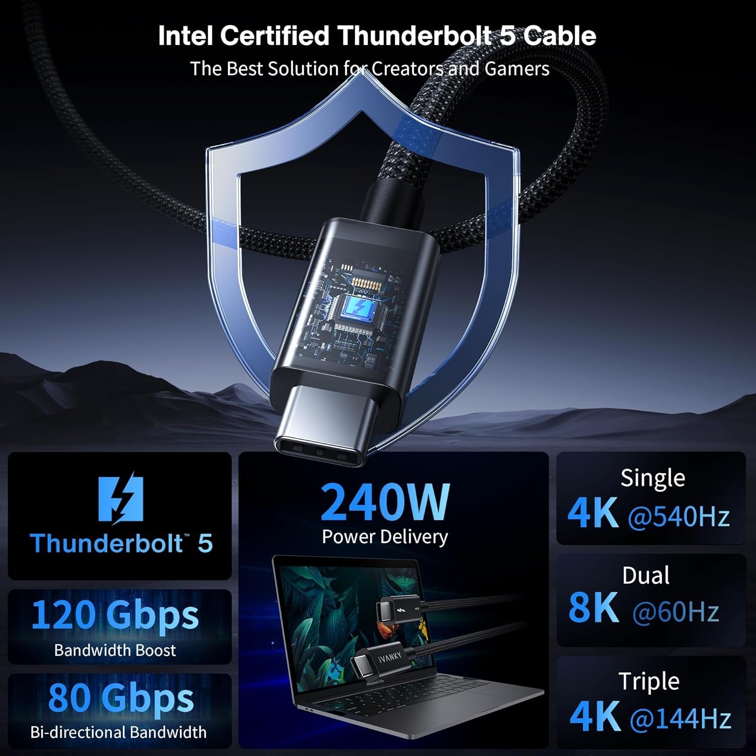 NÖRDIC 1m Thunderbolt 5 kabel Intel-sertifisert, 80Gbps dataoverføring, 120Gbps båndbredde, 240W lading, Doble 8K skjermer, Kompatibel med MacBook M4 TB4/DP2.1/USB4