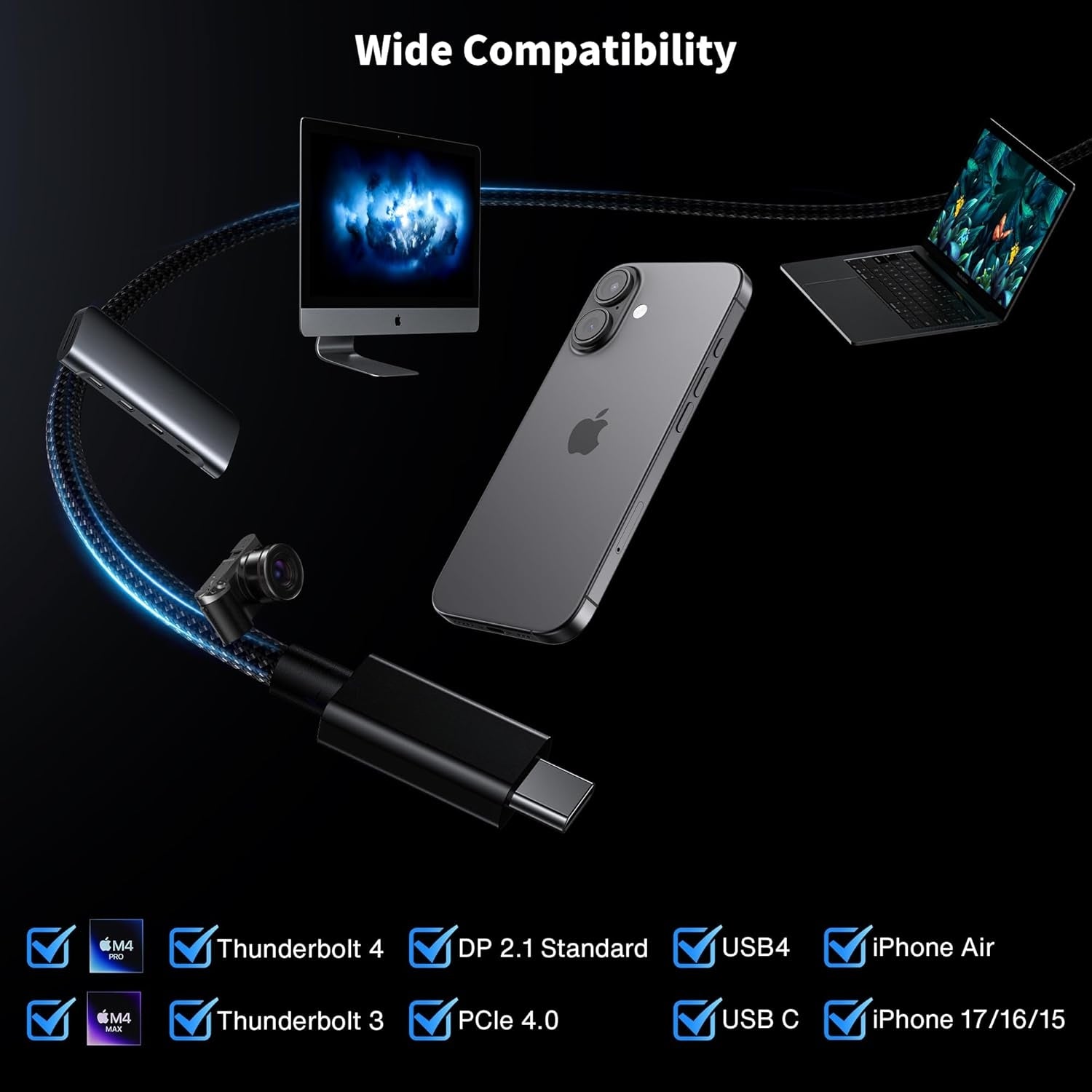 NÖRDIC 1m Thunderbolt 5 kabel Intel-sertifisert, 80Gbps dataoverføring, 120Gbps båndbredde, 240W lading, Doble 8K skjermer, Kompatibel med MacBook M4 TB4/DP2.1/USB4