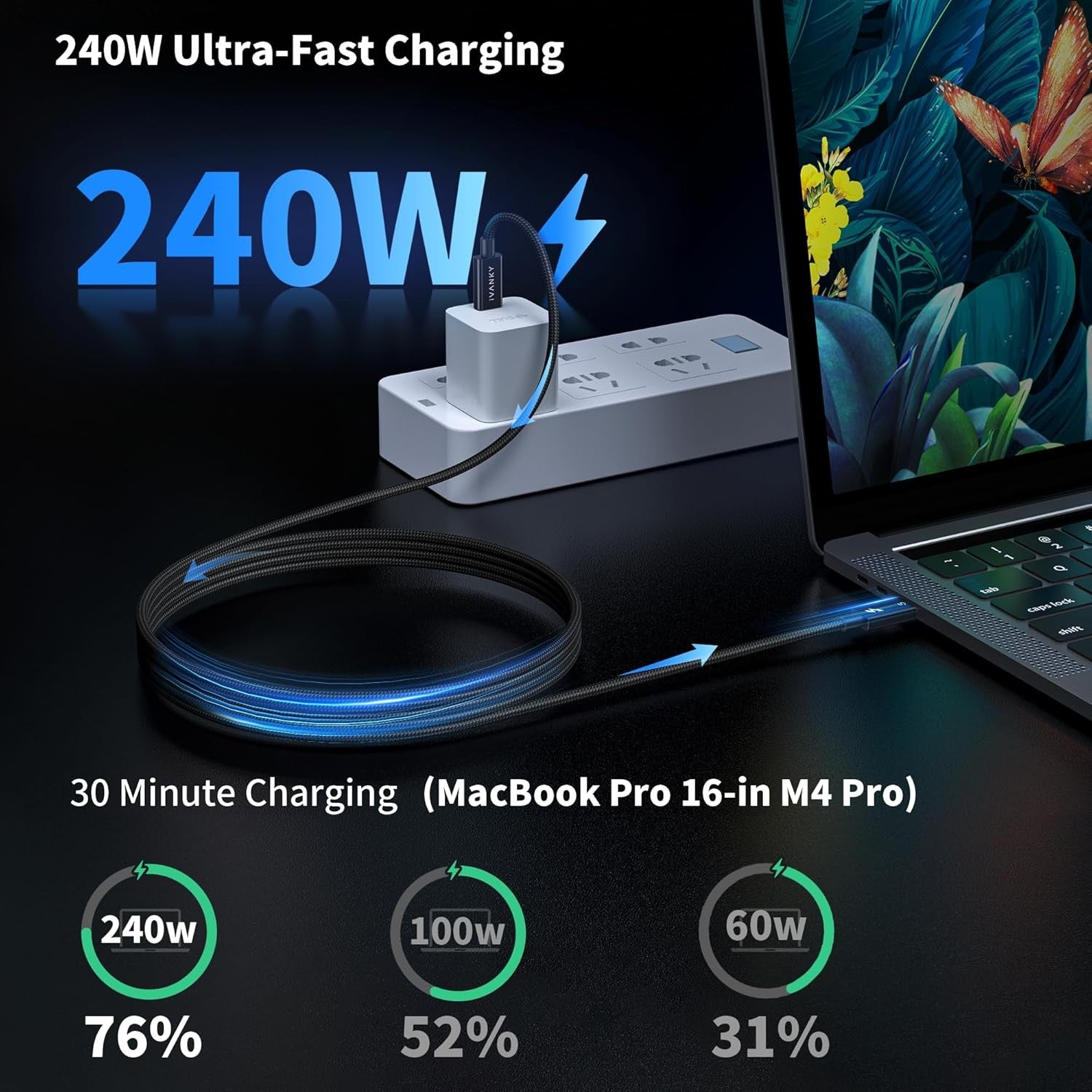 NÖRDIC 1m Thunderbolt 5 kabel Intel-sertifisert, 80Gbps dataoverføring, 120Gbps båndbredde, 240W lading, Doble 8K skjermer, Kompatibel med MacBook M4 TB4/DP2.1/USB4