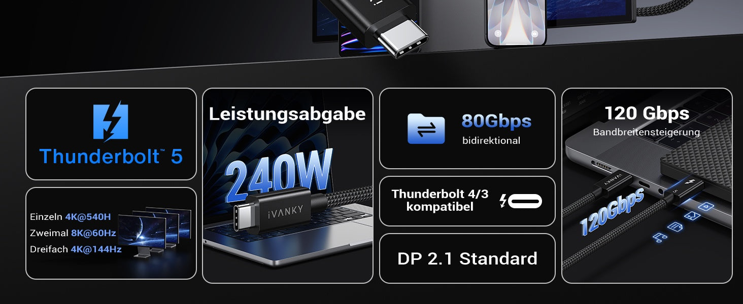 NÖRDIC 1m Thunderbolt 5 kabel Intel-sertifisert, 80Gbps dataoverføring, 120Gbps båndbredde, 240W lading, Doble 8K skjermer, Kompatibel med MacBook M4 TB4/DP2.1/USB4