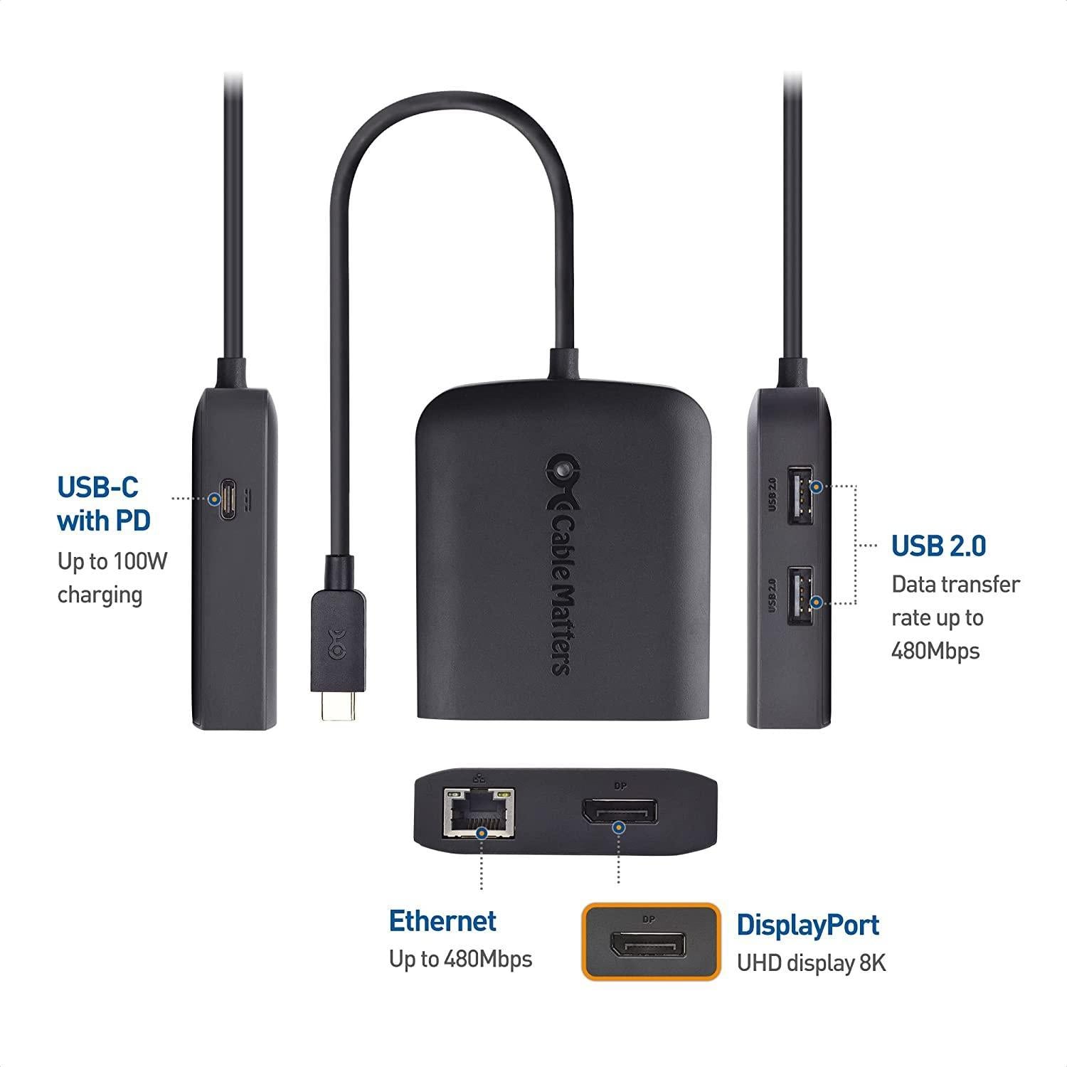 Cable Matters 1 til 5 USB-C-dokkingstasjon 1x Displayport 8K60Hz 4K120Hz, 1x480Mbps LAN, 2xUSB-A 1xUSB-C PD100W HDR kompatibel med TB3/4, USB4