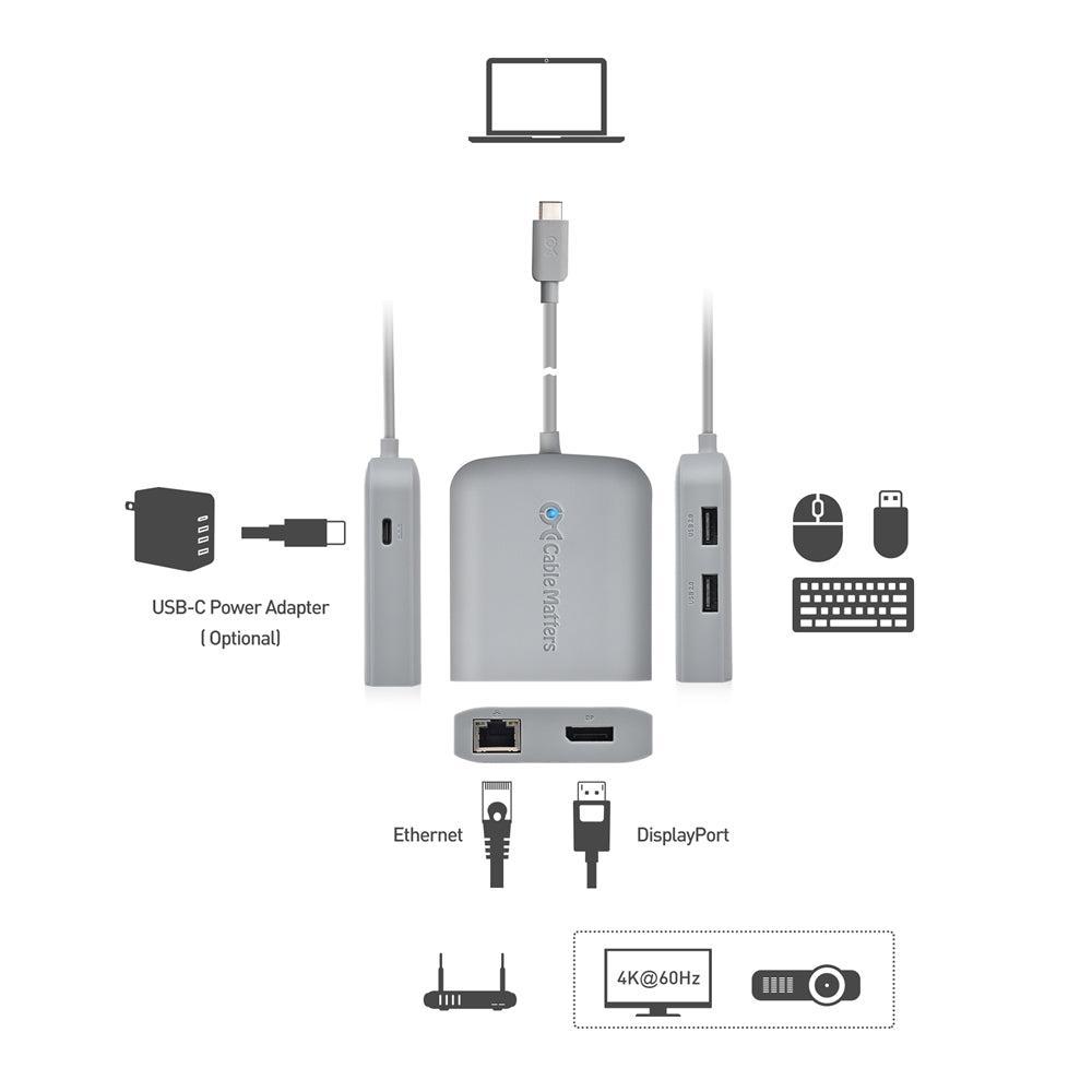 Cable Matters 1 til 5 dokkingstasjon 1xDP 4K60Hz, 1xRJ45 Ethernet 2xUSB-A 1xUSB-C PD 60W Fungerer med Chromebook-sertifisert