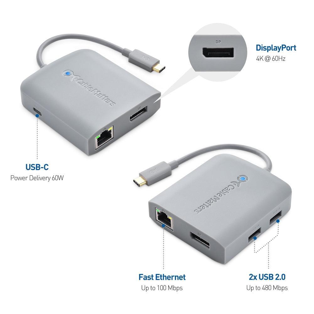 Cable Matters 1 til 5 dokkingstasjon 1xDP 4K60Hz, 1xRJ45 Ethernet 2xUSB-A 1xUSB-C PD 60W Fungerer med Chromebook-sertifisert