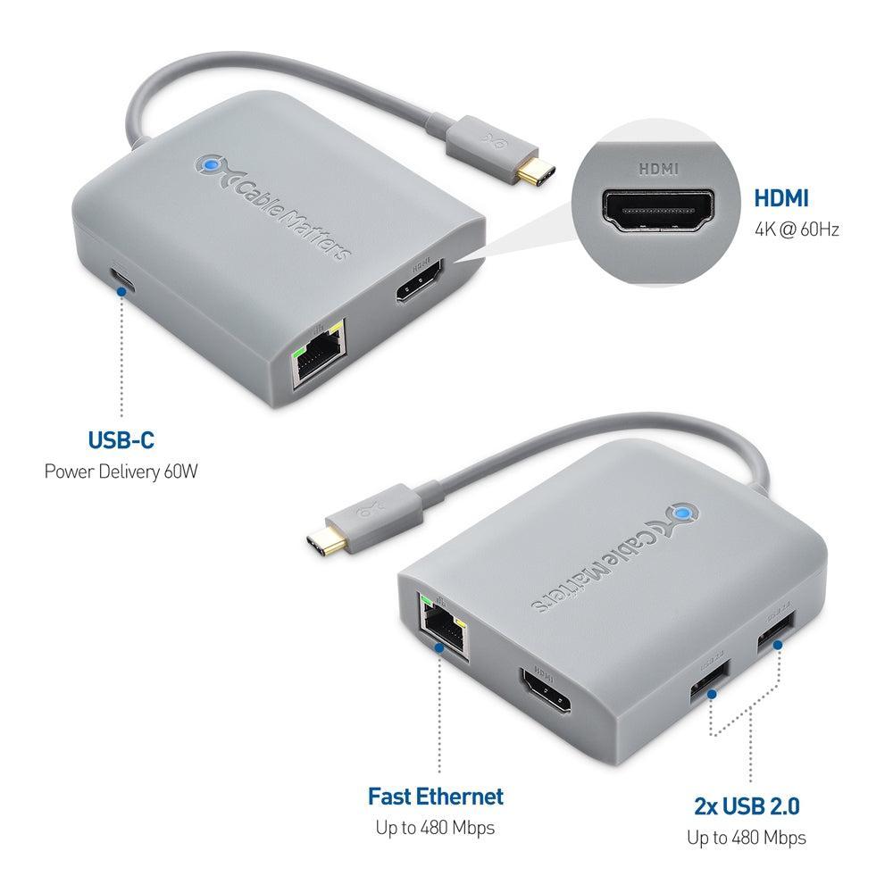 Cable Matters 1 til 5 dokkingstasjon 1xHDMI 4K60Hz, 1xRJ45 Ethernet 2xUSB-A 1xUSB-C PD 60W Fungerer med Chromebook-sertifisert