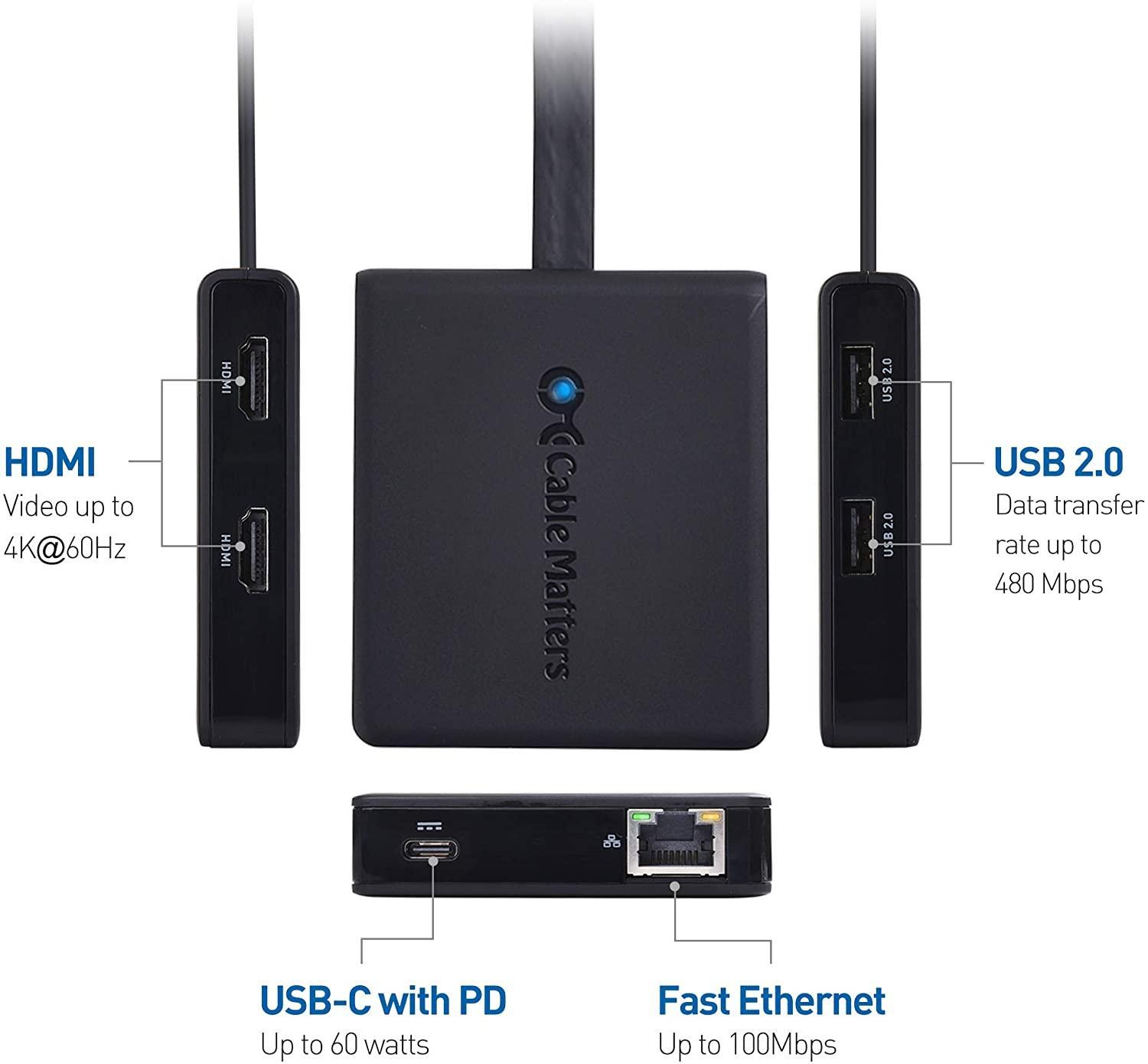 Cable Matters 1 til 6 USB-C-dokkingstasjon 2xHDMI 4K60Hz, 1xPD60W 1xRJ45 GigaLan og 2xUSB-A, kompatibel med Thunderbolt 3/4 og USB4