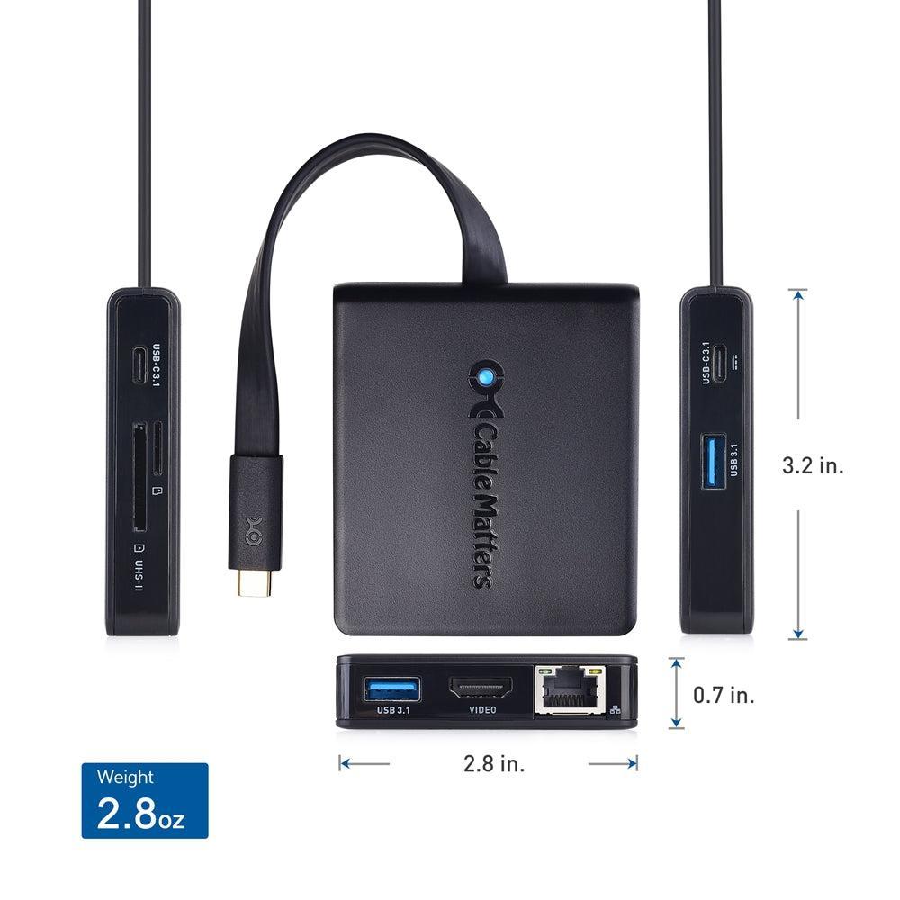 Cable Matters 1 til 8 USB-C dockingstasjon HDMI 4K30Hz PD80W 2xUSB-C 5Gbps RJ45 Giga Lan Micro SD og SD kortlesere