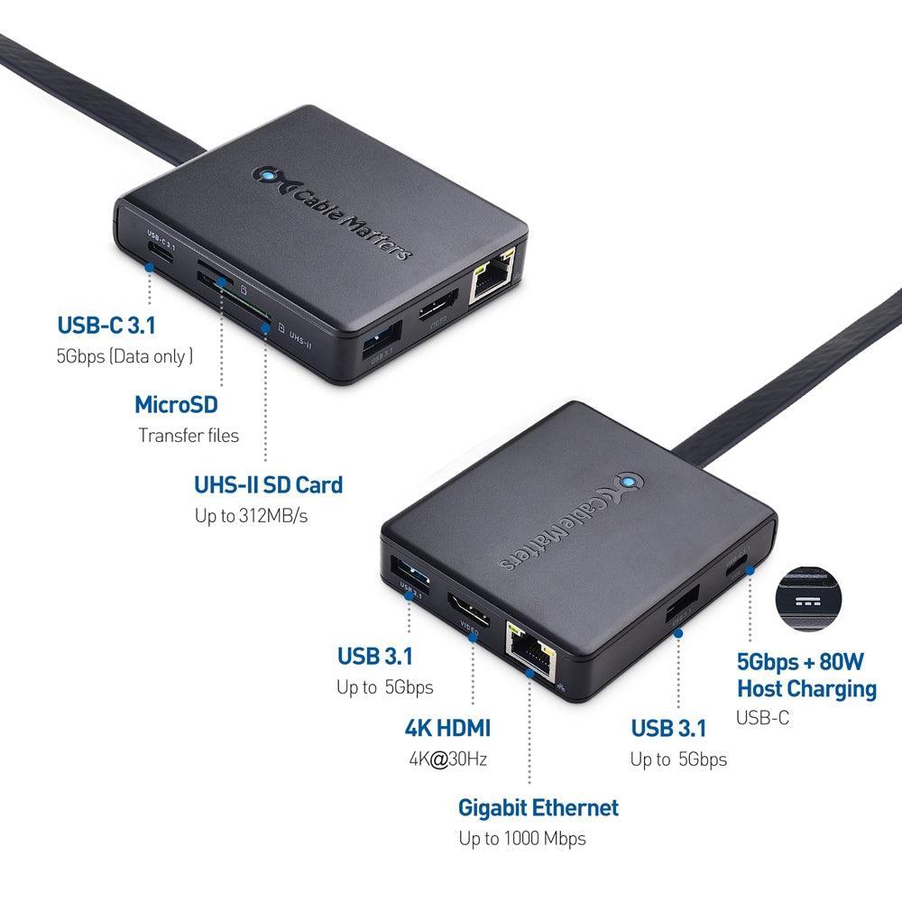 Cable Matters 1 til 8 USB-C dockingstasjon HDMI 4K30Hz PD80W 2xUSB-C 5Gbps RJ45 Giga Lan Micro SD og SD kortlesere