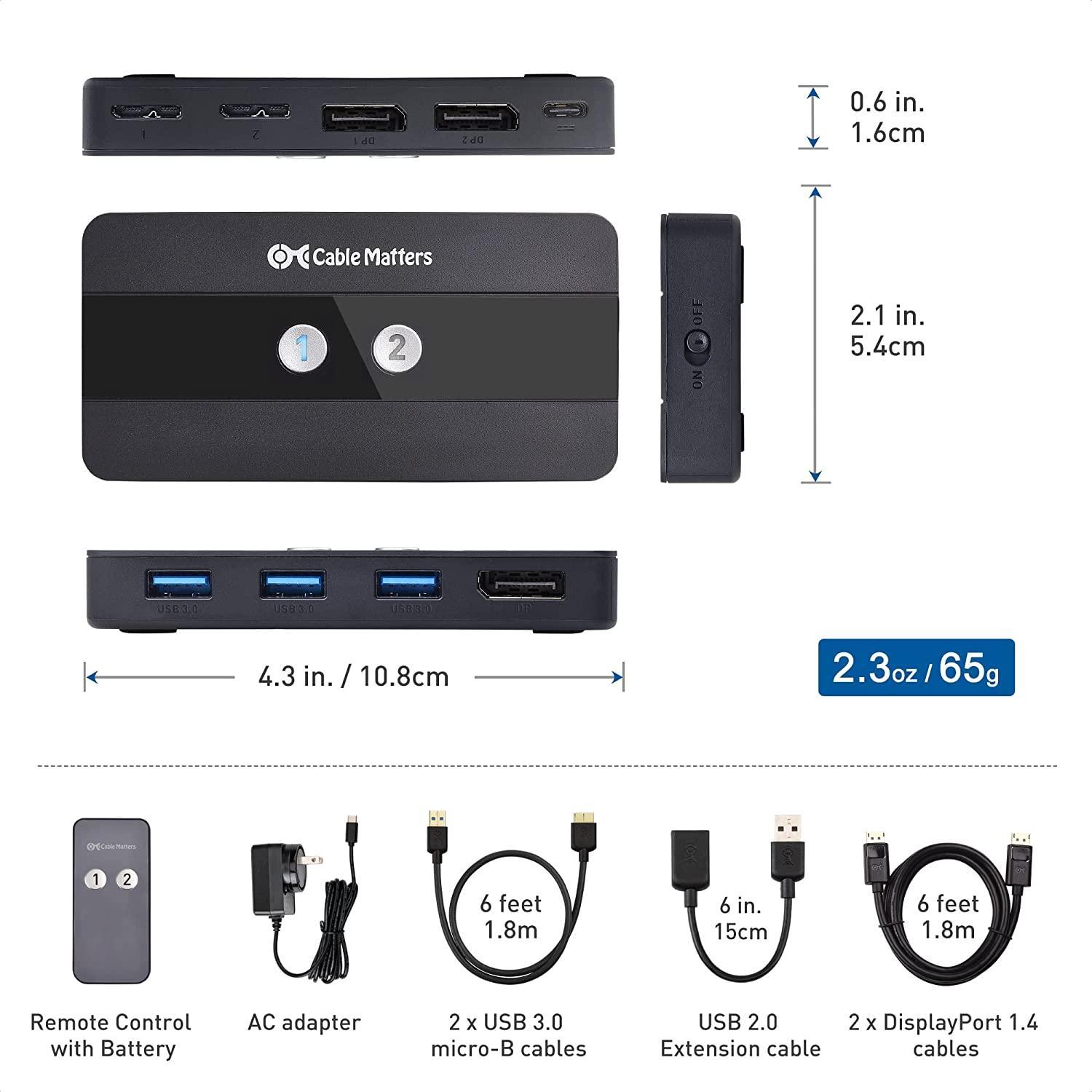 Cable Matters KVM-svitsj 2 til 1 Displayport 1.4 8K60Hz 4K120Hz 3xUSB3.0 med 5Gbps