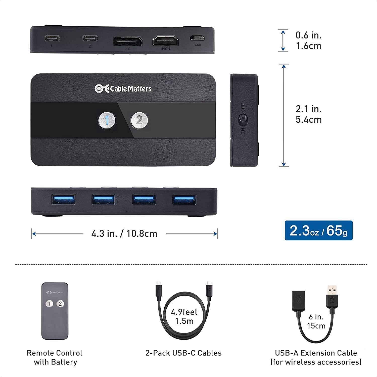 Cable Matters USB-C KVM-svitsj 2 til 2 HDMI og DP 8K30Hz 4K60Hz 4xUSB3.0 Gbps kompatibel med Thunderbolt 3, 4 og USB4