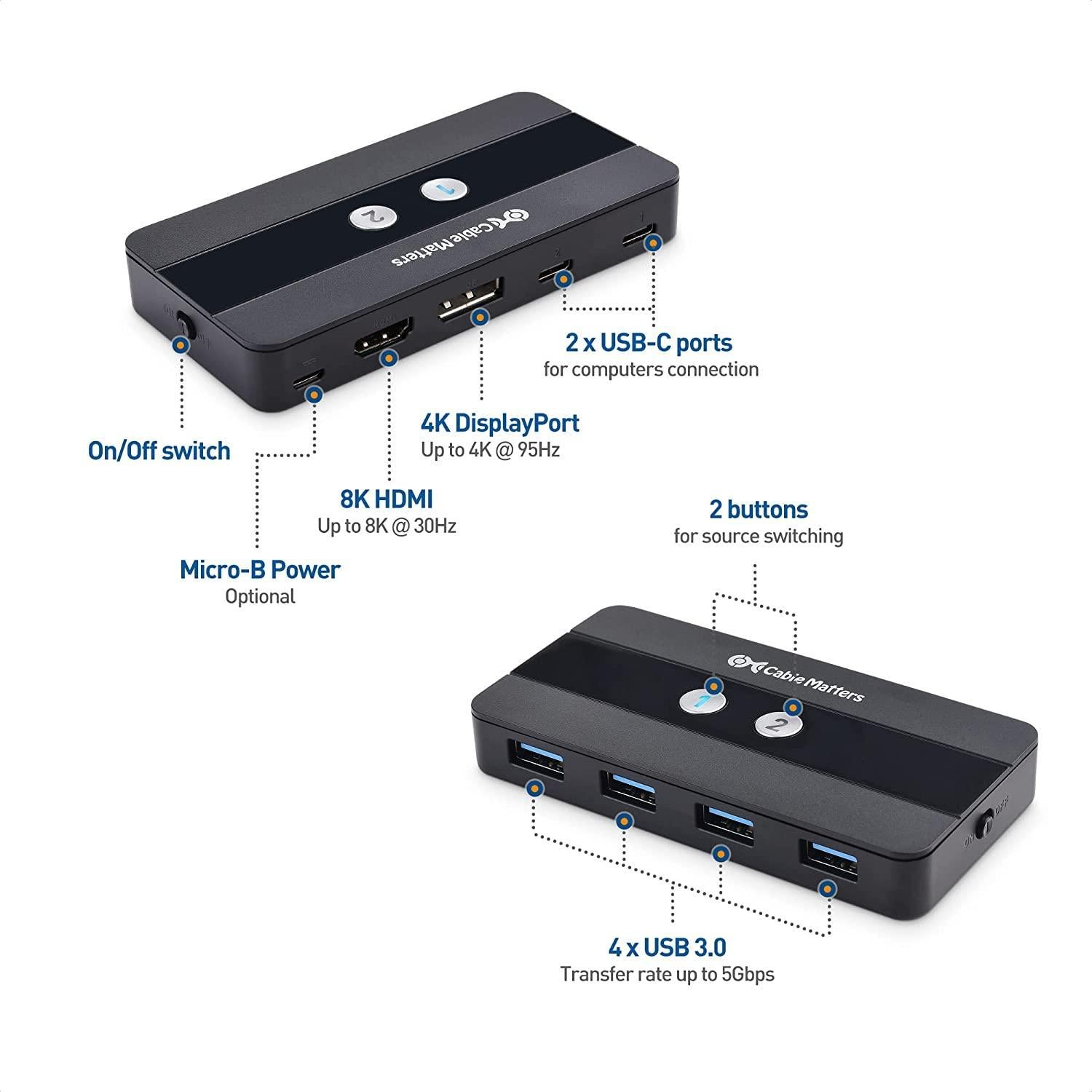 Cable Matters USB-C KVM-svitsj 2 til 2 HDMI og DP 8K30Hz 4K60Hz 4xUSB3.0 Gbps kompatibel med Thunderbolt 3, 4 og USB4