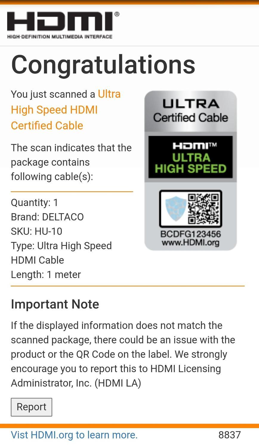 DeltaCo Certified HDMI2.1 Ultra High Speed 8K 60Hz 4K 120Hz 48Gbps Dynamic HDR Earc Game Mode VRR Dolby Atmos gullbelagt 1m