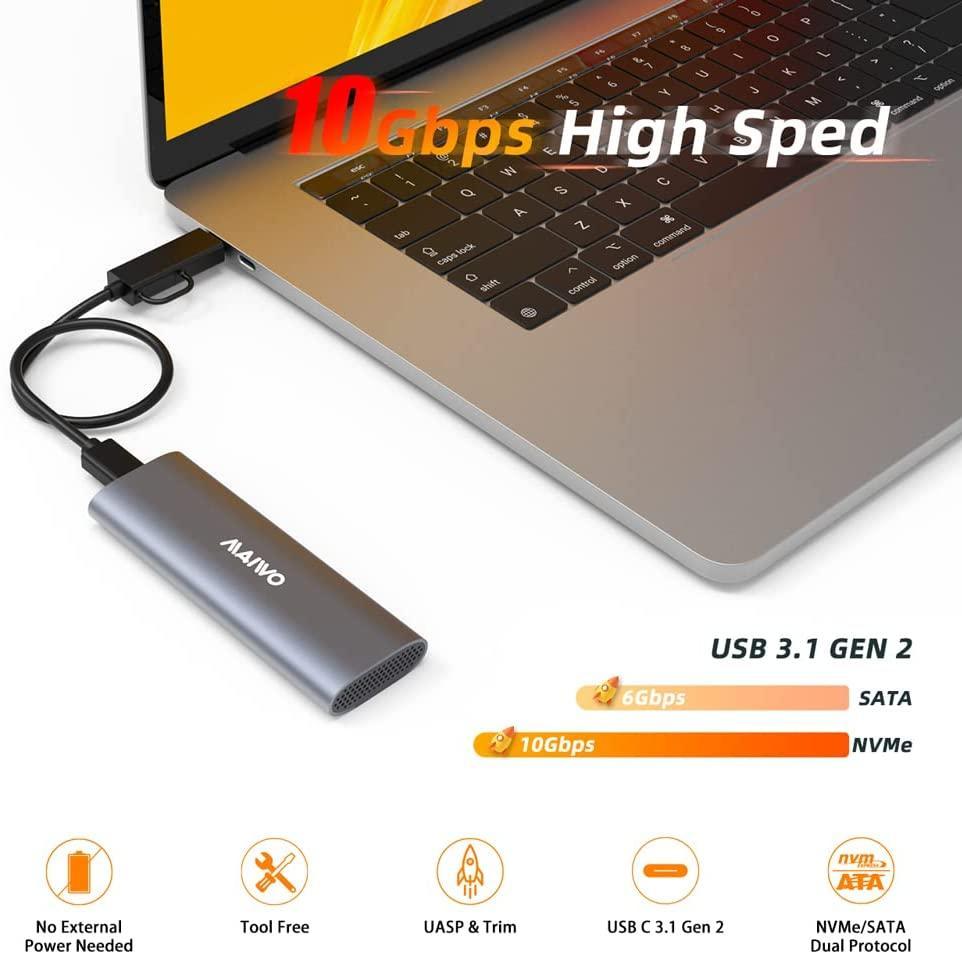 Maiwo K1689 M.2 SATA & NVMe SSD-kombinasjon for USB3.2 Gen2 10 Gbps eksternt deksel skruløs design aluminium