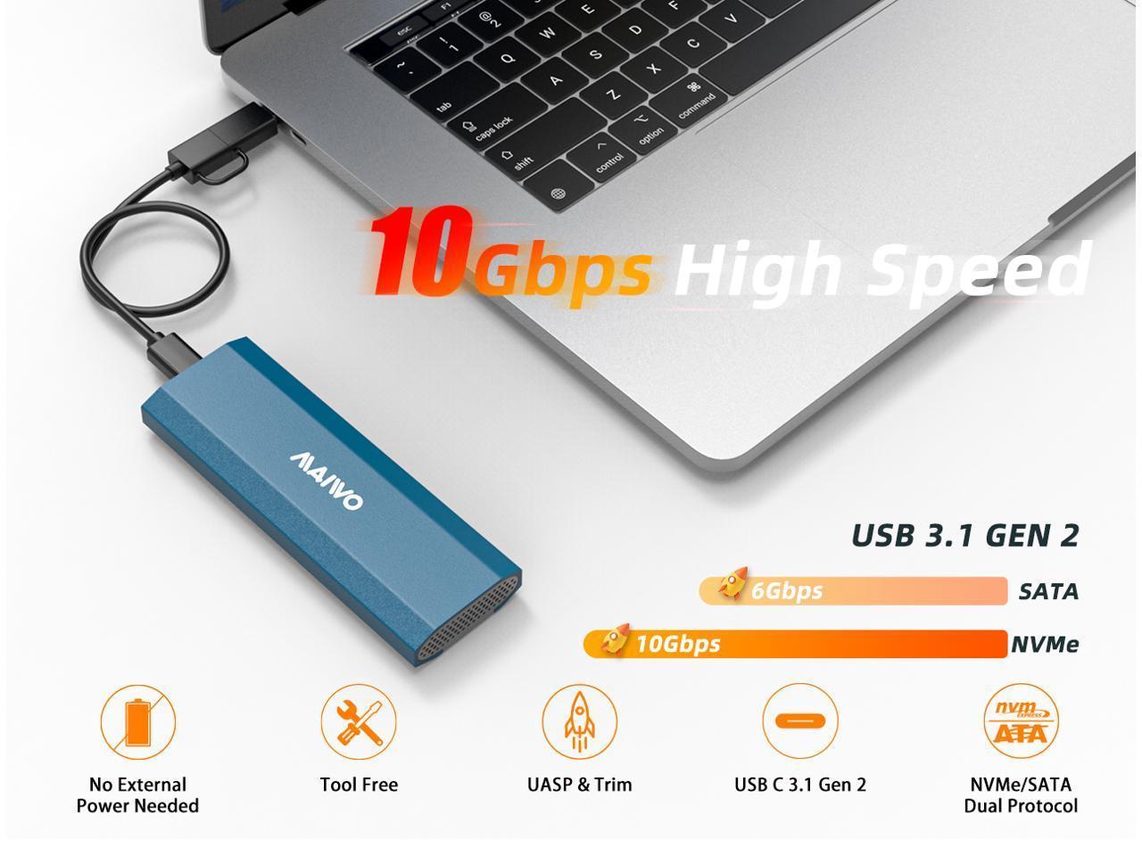 Maiwo K1690 M.2 SATA & NVMe SSD-kombinasjon for USB3.2 Gen2 10 Gbps eksternt deksel skruløs design aluminium