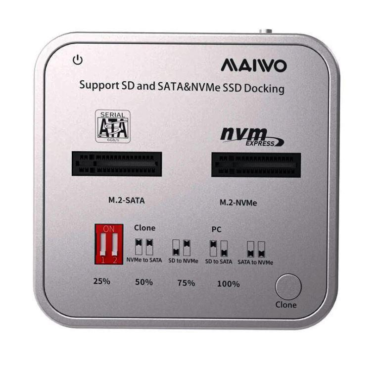 Maiwo K3016Cl Docking Station for harddisk Kloning SATA og NVME SSD 1: 1 10Gbps M-Key og B + M Key SD Express-kortleser