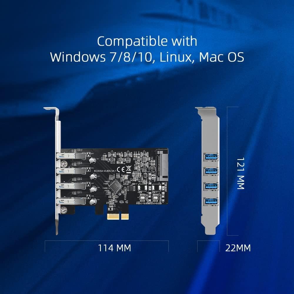 Maiwo KC005A PCI Express x1-kort for 4 eksterne USB-A 3.1 5Gbps