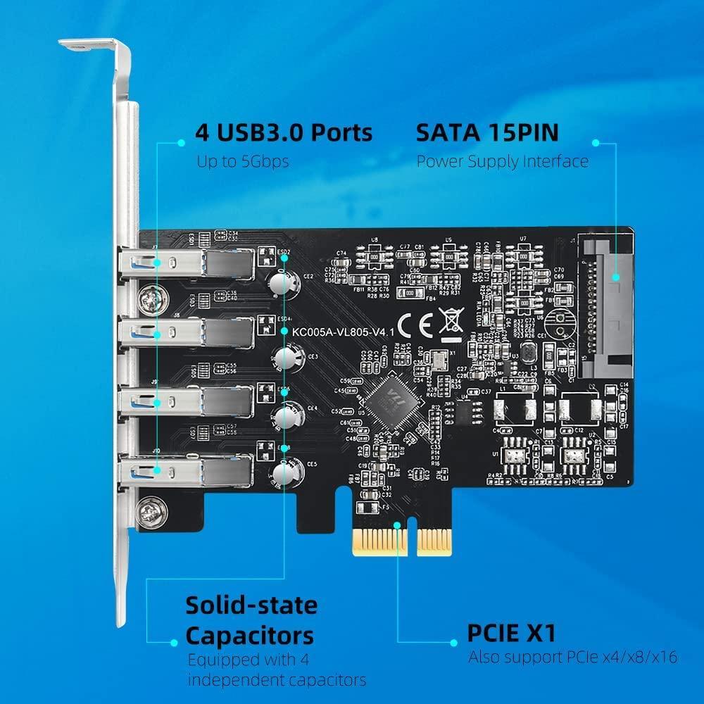 Maiwo KC005A PCI Express x1-kort for 4 eksterne USB-A 3.1 5Gbps