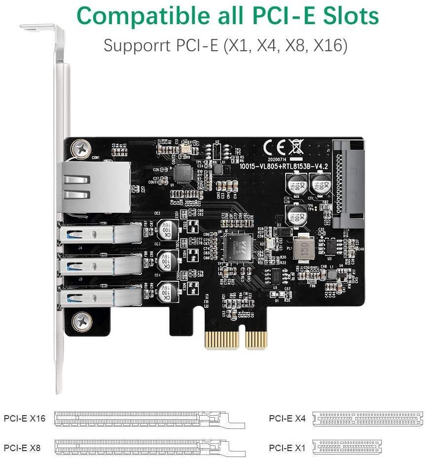 Maiwo KC015 PCI Express X1-kort til 3xUSB3.0 5Gbps og 1x Gigabit Ethernet