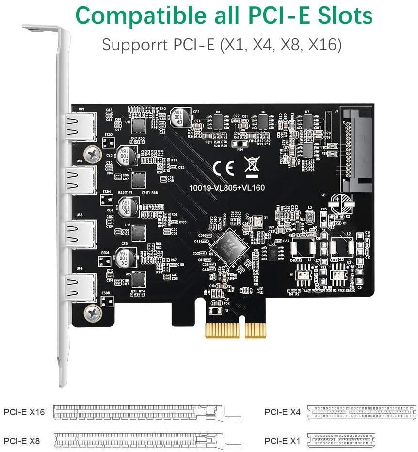 Maiwo KC019 PCI Express X1-kort til 4 Ekstern USB 3.1 5Gbps Type C