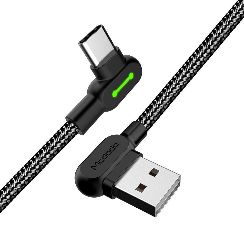 McDodo CA-5281 Vinklet USB C til vinklet USB en kabel for synkronisering og rask lading, med LED, svart, 1,2m