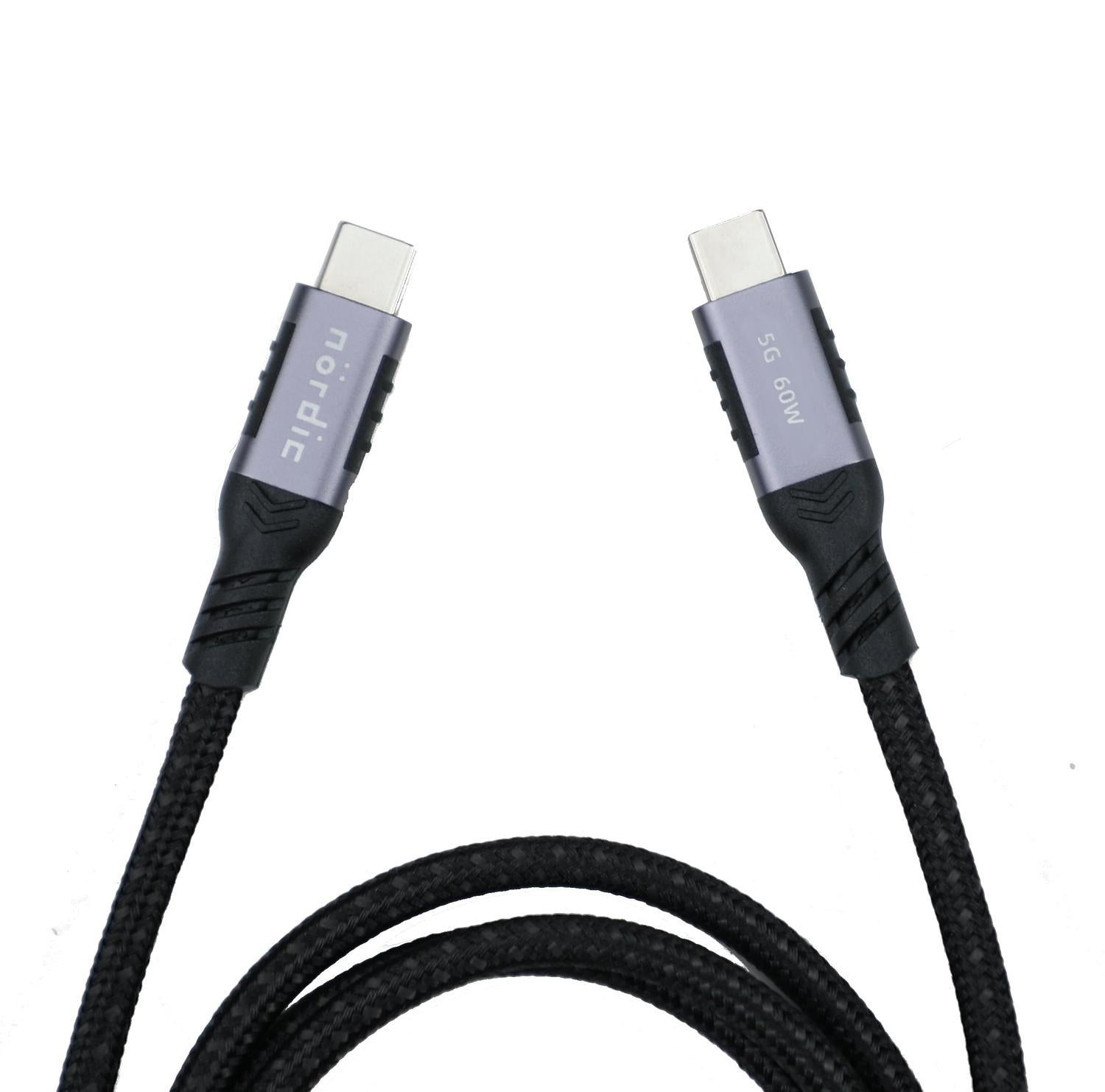 NÖRDIC 1,5m USB3.2 Gen1 USB-C til C nylonflettet kabel hurtiglading 3A 5Gbps Strømforsyning PD 60W