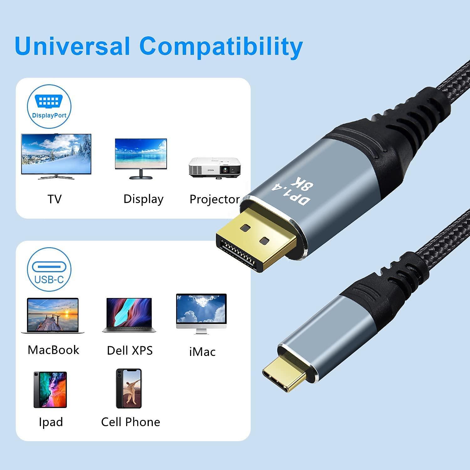 NÖRDIC 1,5 m USBC til DP 1,4-kabel 8K30Hz 4K120Hz 32,4Gbps HBR3 HDR10