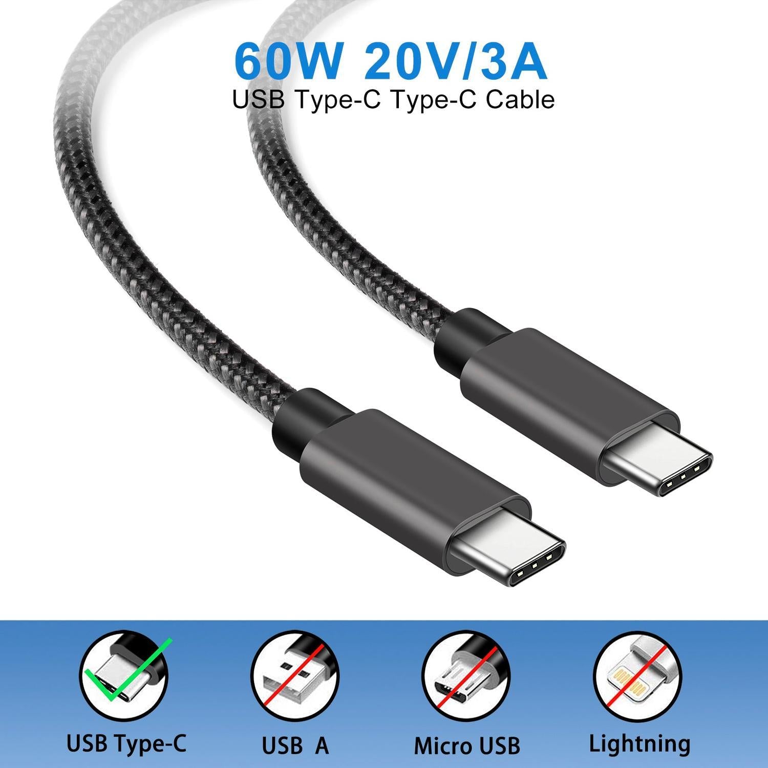 NÖRDIC 1M USB C 3.1 til USB C Nylon Flettet Kabel Hurtiglading 3A Gen1 5Gbps Strømlevering PD 60W