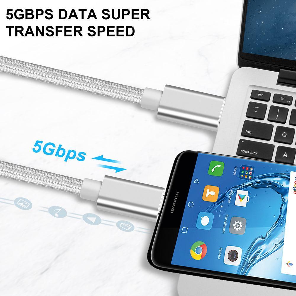 NÖRDIC 1M USB C 3.1 til USB C Nylon Flettet Kabel Hurtiglading 3A Gen1 5Gbps Strømlevering PD 60W White