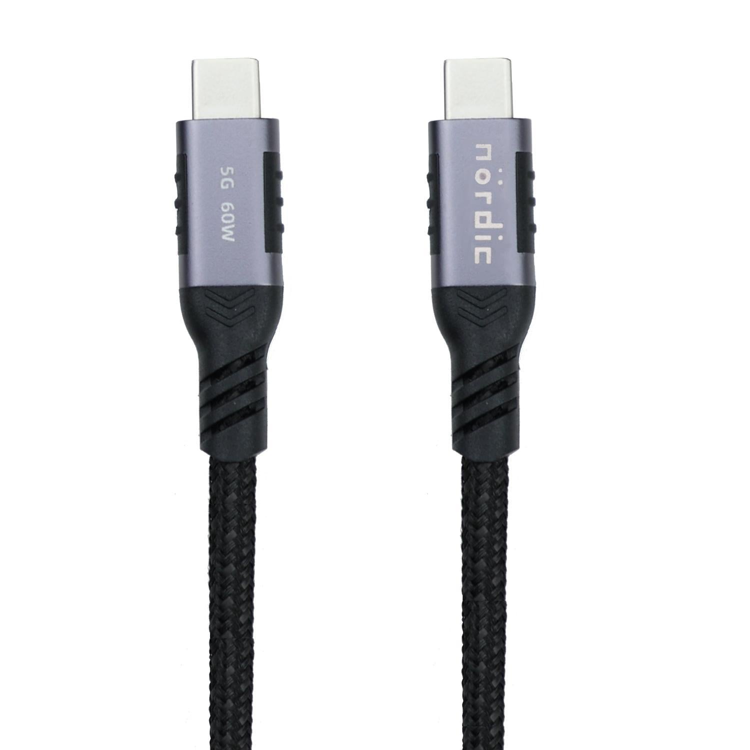 NÖRDIC 1m USB3.2 Gen1 USB-C til C nylonflettet kabel hurtiglading 3A 5Gbps Strømforsyning PD 60W