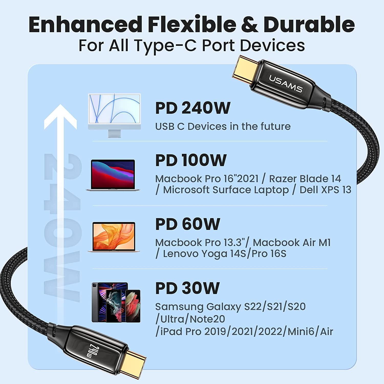 NÖRDIC 1m USB4 USB-C til C nylonflettkabel PD3.1 med 240W hurtiglading 40G 8K60Hz 4K120Hz 5K60Hz 2x4K60Hz med Emarker kompatibel med TB 4 og 3