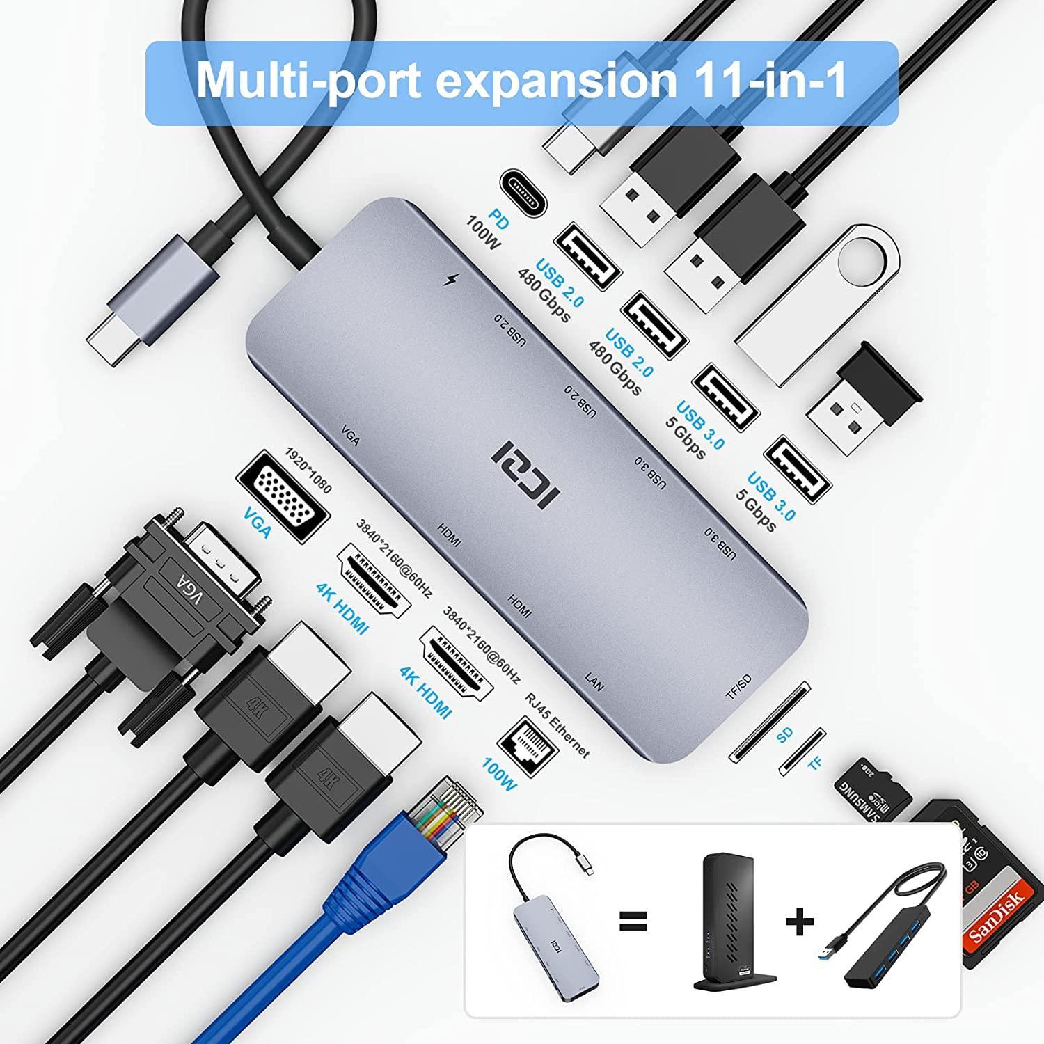 NÖRDIC 1 til 11 USB-C-dokkingstasjon for trippelskjermer 2xHDMI 4K30Hz, 1xVGA Mac M1 M2 PD 100W Thunderbolt 3 & 4