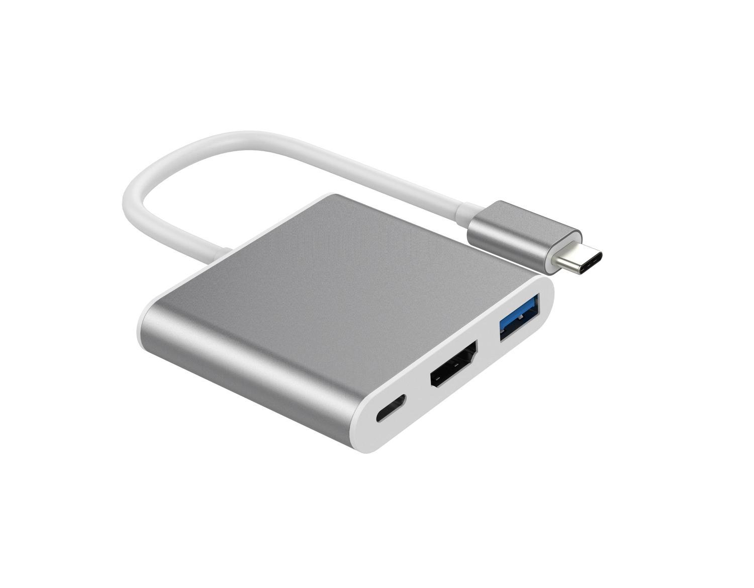 NÖRDIC 1 til 3 Docking Station USBC til HDMI 4K 30Hz USB C Strømlevering 60W og USB A 3.1 5Gbps Silver