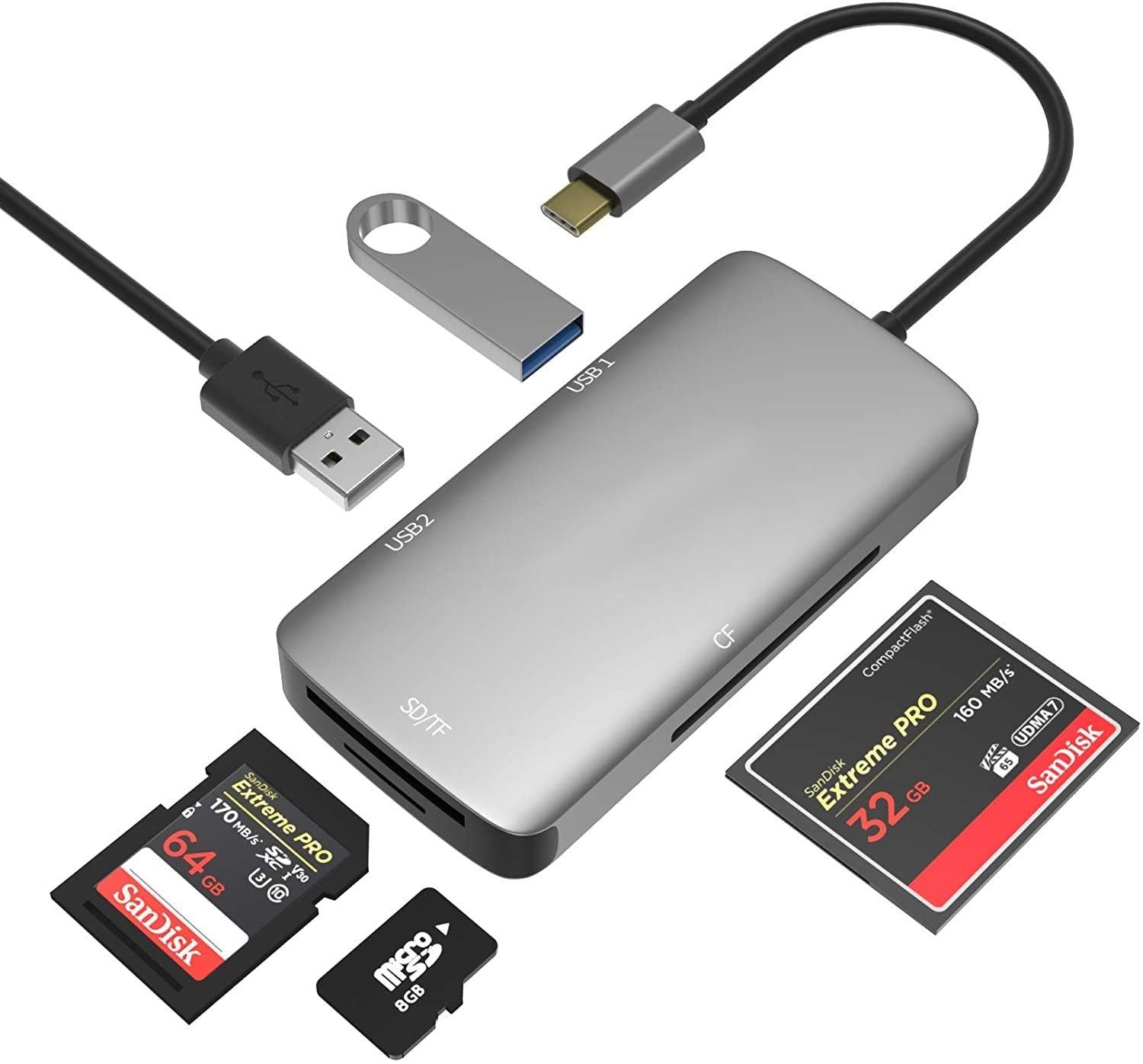 NÖRDIC 1 til 5 USB-C adapter SD / TF og CF kortleser med 2xUSB3.0 opptil 5 Gbps
