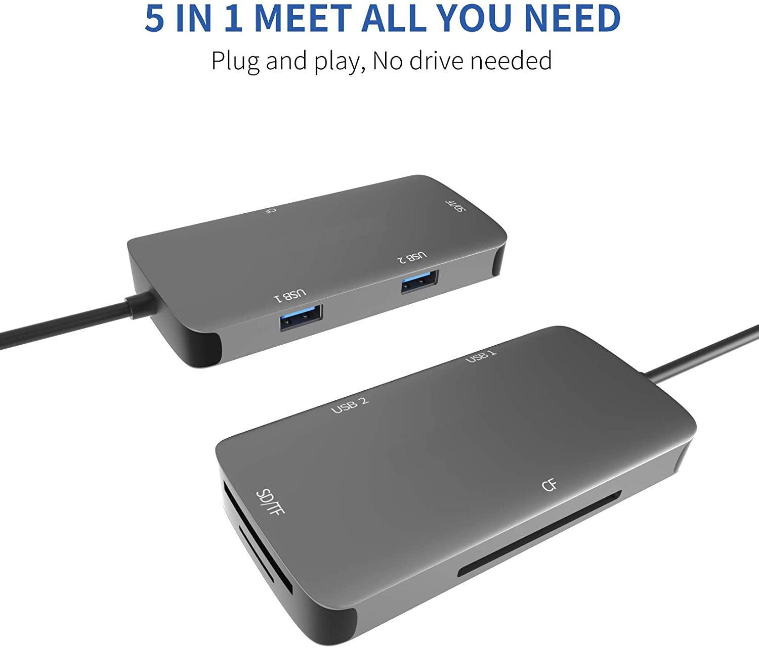 NÖRDIC 1 til 5 USB-C adapter SD / TF og CF kortleser med 2xUSB3.0 opptil 5 Gbps