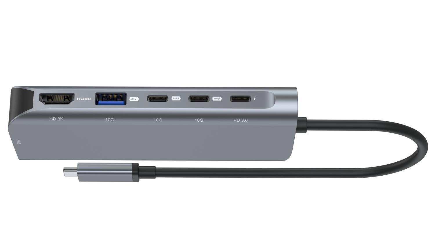 NÖRDIC 1 til 6 USB-C dockningsstasjon 1xHDMI 8K60Hz 4K120Hz 2xUSB-C 10G 1xUSB-A 10G 1xRJ45 2,5G 100W PD3.0 Macbook M1 M2 Thunderbolt 3 4 USB4