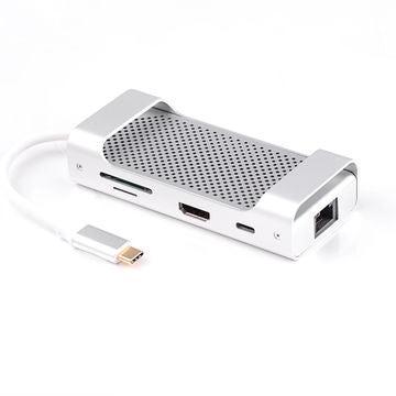 NÖRDIC 1 til 7 USB C Aluminium Docking Station 1xhdmi 4K 30Hz 1xrj45 Giga Ethernet 2xUSB 3.1 5GBP 1X USB C PD87W 1XSD / TF Kortleser Sølv