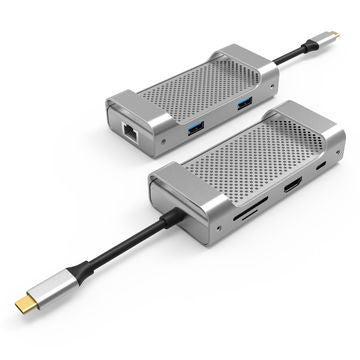 NÖRDIC 1 til 7 USB C Aluminium Docking Station 1xhdmi 4K 30Hz 1xrj45 Giga Ethernet 2xUSB 3.1 5GBP 1X USB C PD87W 1XSD / TF Kortleser Sølv