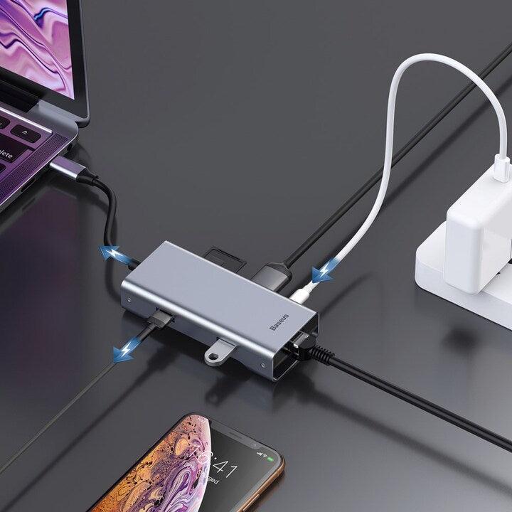 NÖRDIC 1 til 7 USB C Aluminium Docking Station 1xhdmi 4K 30Hz 1xrj45 Giga Ethernet 2xUSB 3.1 5GBP 1X USB C PD87W 1XSD / TF Kortleser Sølv